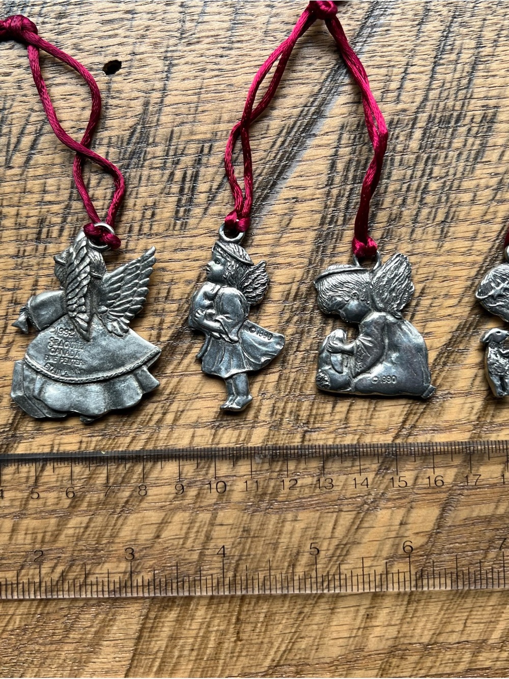 Vintage Pewter Angel Ornament Set of 5 with Red Cord